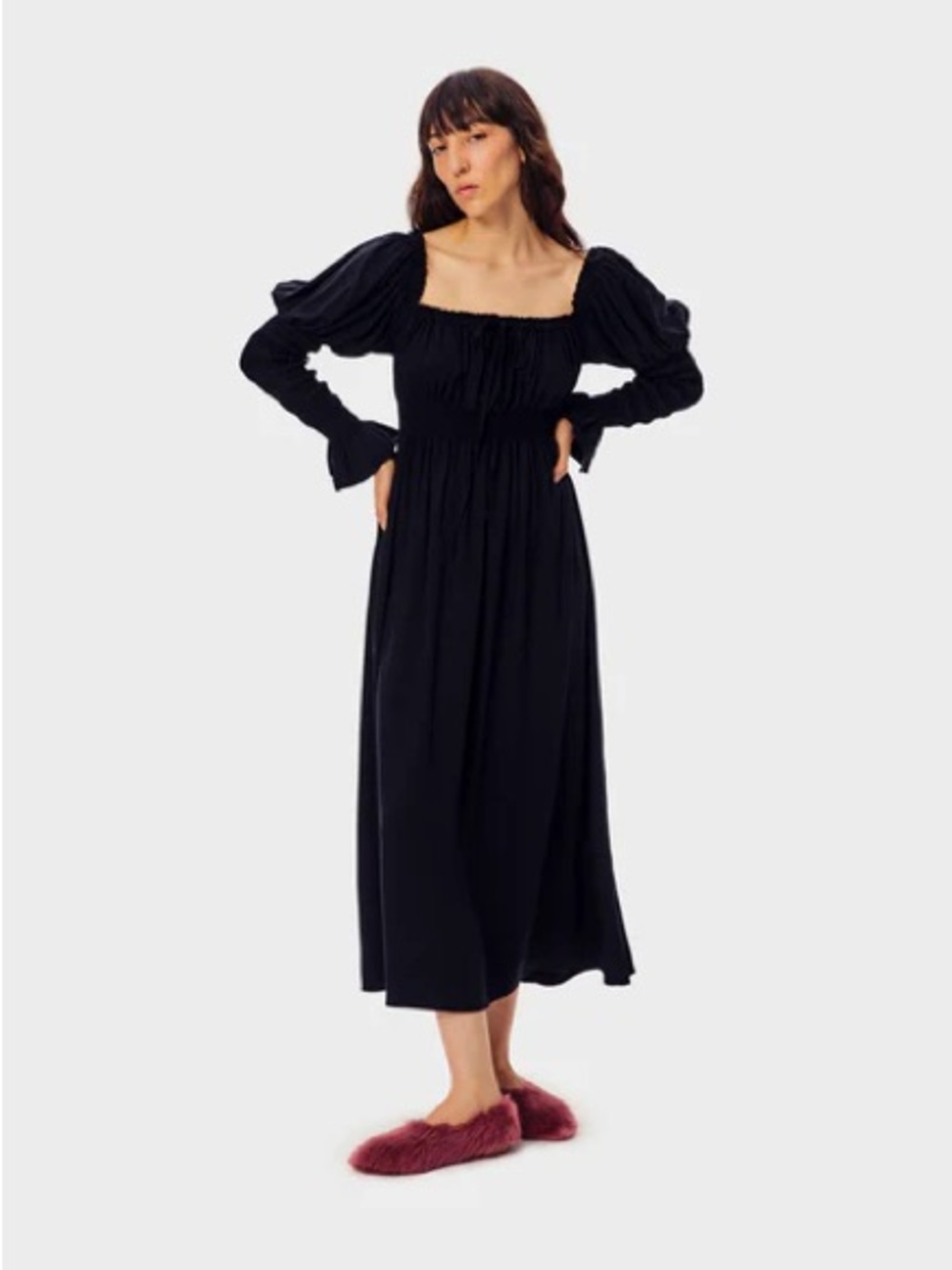 Sleeper Paloma Shirred Maxi Dress in Black XS